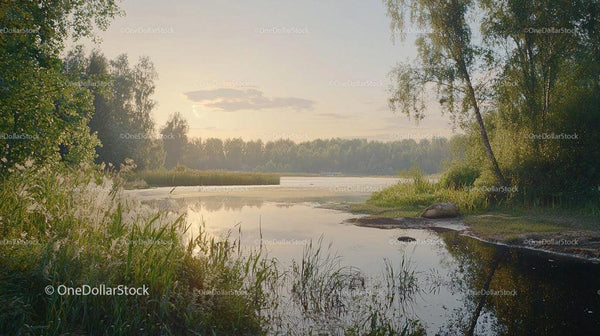 Serene Lake Landscape at Sunset with Reflective Waters