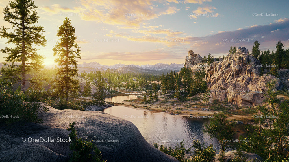 Serene Sunset Over Rocky Mountain Landscape