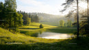 Tranquil Lake with Sunlit Meadow in a Serene Landscape
