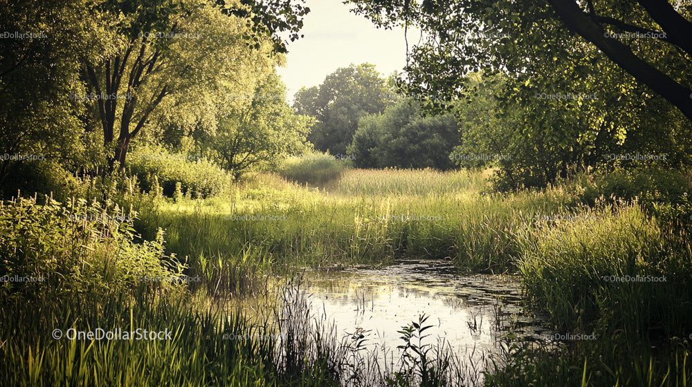Peaceful Pond Surrounded by Lush Greenery in Summer Forest