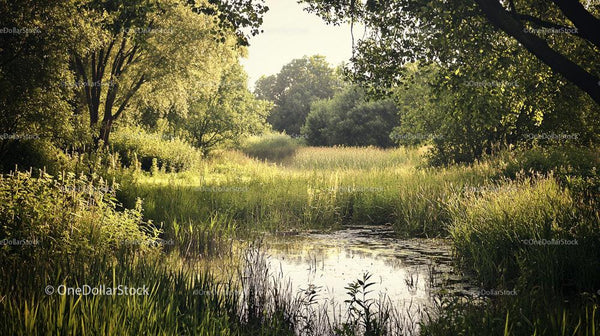 Peaceful Pond Surrounded by Lush Greenery in Summer Forest