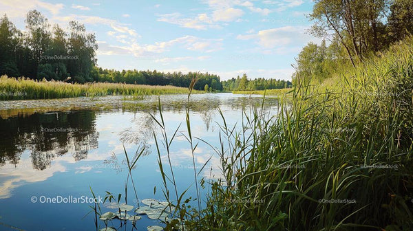 Tranquil Lake with Lush Greenery and Blue Sky Reflection