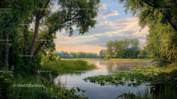 Tranquil Lake Scene with Lush Greenery and Blue Sky