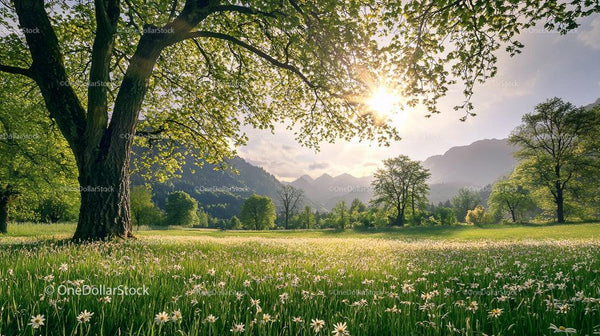Sunlit Meadow with Blooming Daisies and Majestic Mountain View