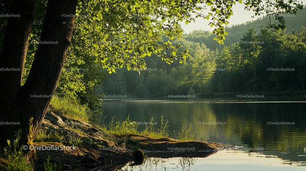 Tranquil Lake with Lush Forest and Reflective Waters