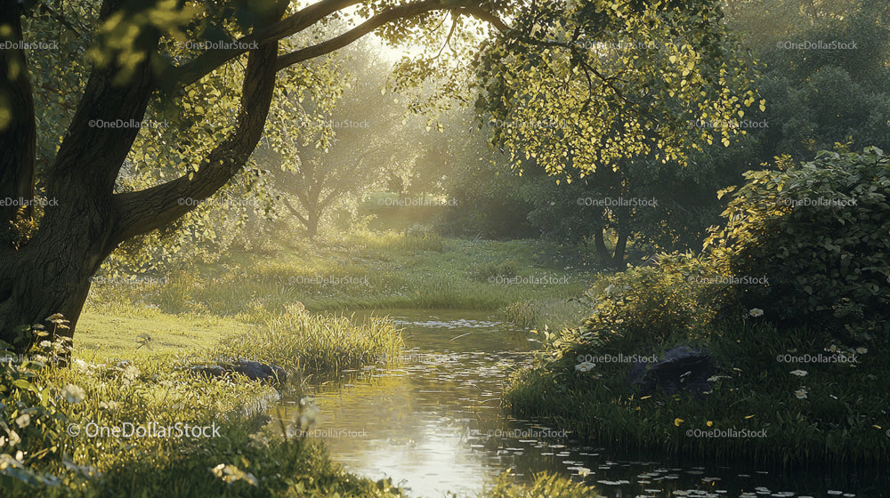 Serene Sunlit Forest with Tranquil Stream