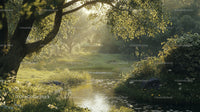Serene Sunlit Forest with Tranquil Stream