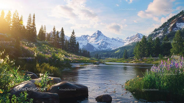 Tranquil Alpine Landscape with Snowy Mountains and River
