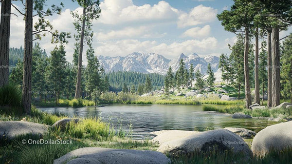 Serene Lake and Pine Forest with Majestic Mountain View