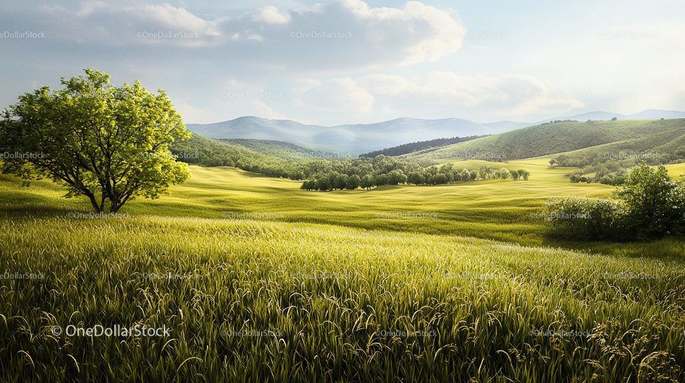 Lush Green Wheat Field with Rolling Hills and Lone Tree