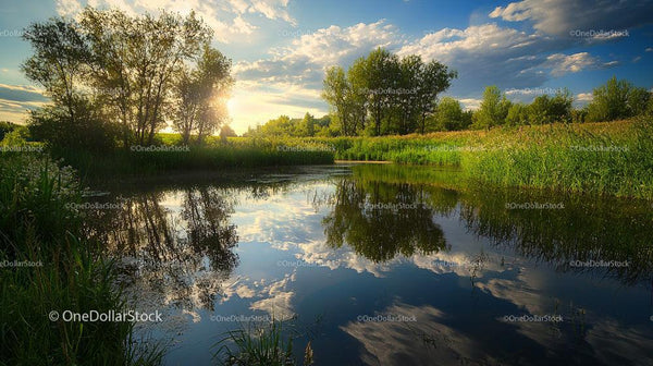 Tranquil Pond at Sunset with Lush Greenery Reflections