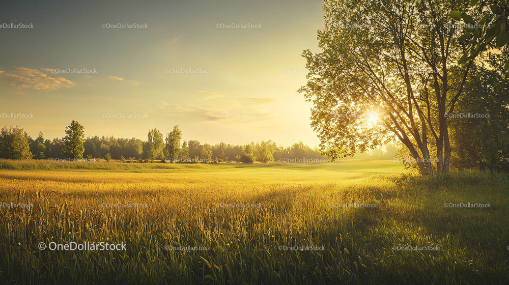 Golden Sunset Over Tranquil Field and Trees