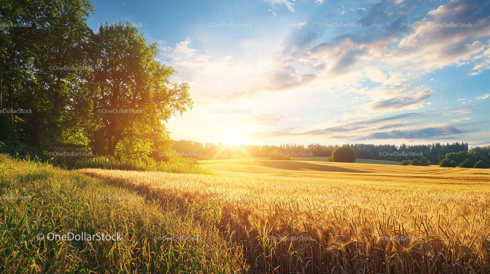 Golden Wheat Field at Sunset with Lush Greenery
