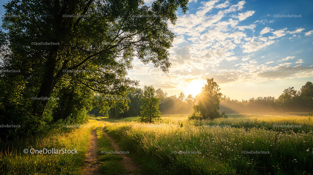 Idyllic Sunrise Over Lush Green Meadow with Grassy Path