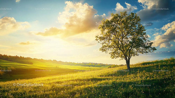 Solitary Tree in a Golden Sunset Landscape