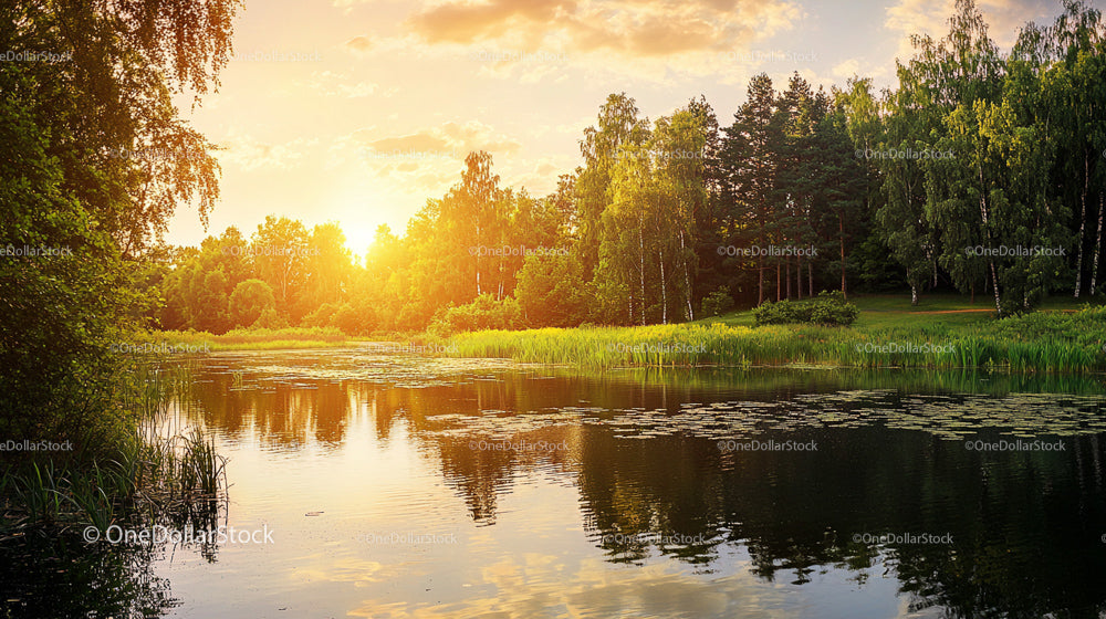 Serene Sunset Over a Tranquil Lake with Lush Greenery