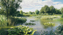 Serene Pond with Blooming Water Lilies and Lush Greenery