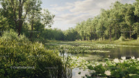 Tranquil Forest Pond with Water Lilies and Lush Greenery