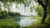 Tranquil Lake Surrounded by Lush Greenery on a Sunny Day