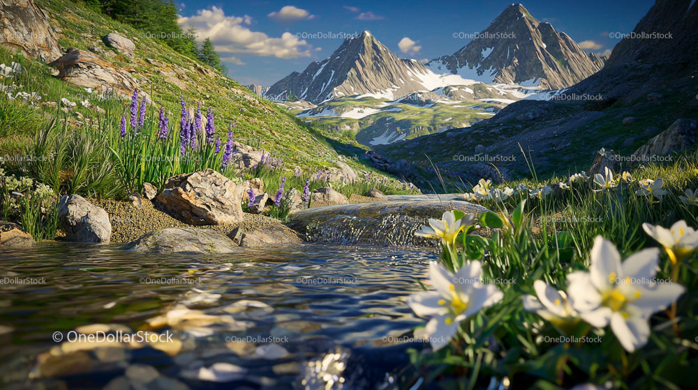 Alpine Meadow with Lupines and Snow-Capped Mountain Peaks