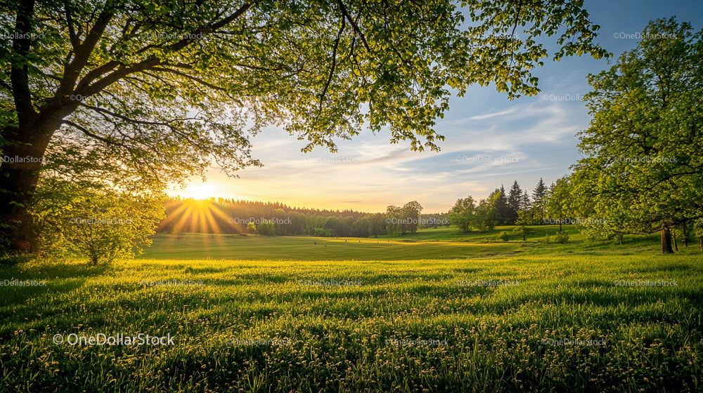Sunset Over a Lush Green Meadow with Vibrant Foliage