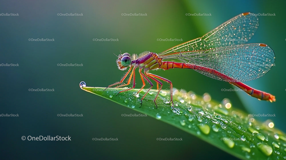 Vibrant Dragonfly Resting on Dewy Leaf at Dawn