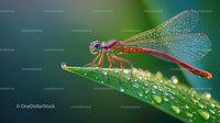 Vibrant Dragonfly Resting on Dewy Leaf at Dawn