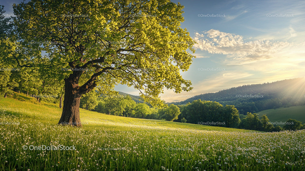 Majestic Tree in a Lush Green Meadow at Sunrise