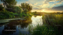 Serene River Landscape at Sunset with Lush Greenery