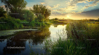 Serene River Landscape at Sunset with Lush Greenery