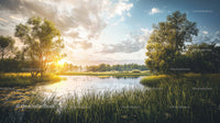 Tranquil Sunset Over a Serene Lake Surrounded by Lush Greenery