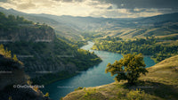 Lush Green Valley with a Meandering River at Sunset