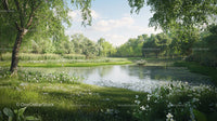 Tranquil Pond Surrounded by Lush Greenery and Wildflowers