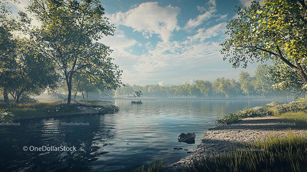 Tranquil Lake Surrounded by Lush Trees and Blue Skies