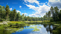 Tranquil Lake with Lush Pines and Reflective Waters