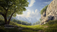 Scenic Mountain Meadow with Vibrant Greenery and Rocky Cliffs