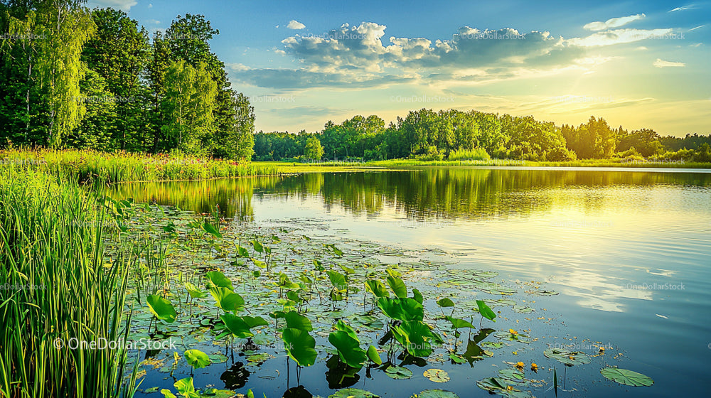 Serene Sunset Over Lush Green Forest and Calm Reflective Lake