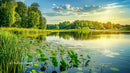 Serene Sunset Over Lush Green Forest and Calm Reflective Lake