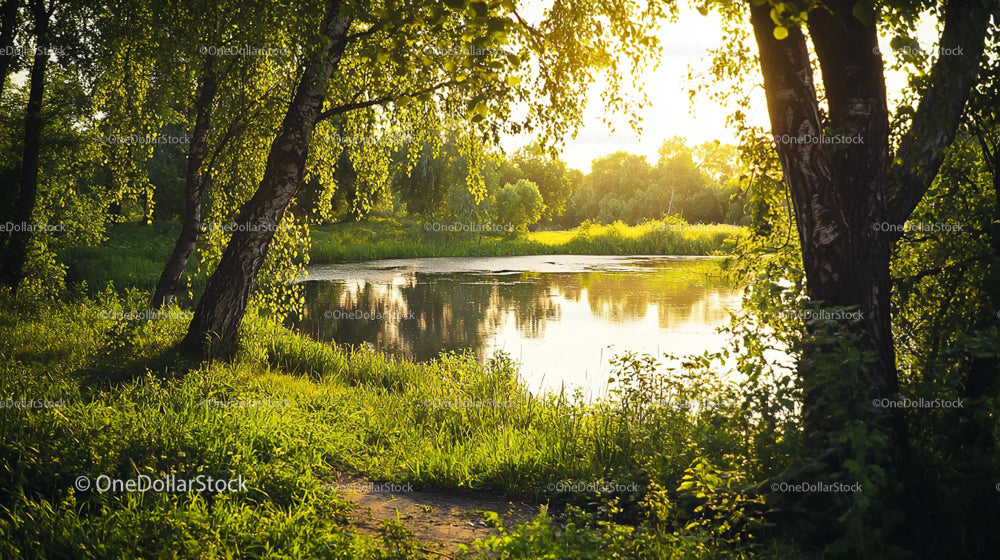 Serene Summer Lake with Lush Greenery and Birch Trees