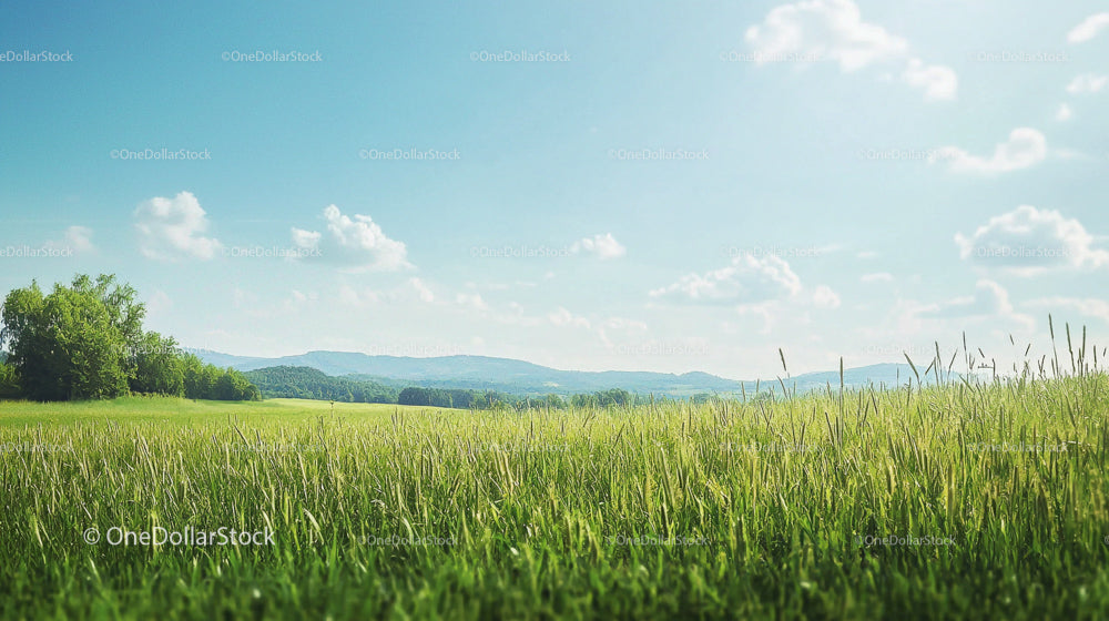Sunny Green Meadow Under a Clear Blue Sky with Clouds