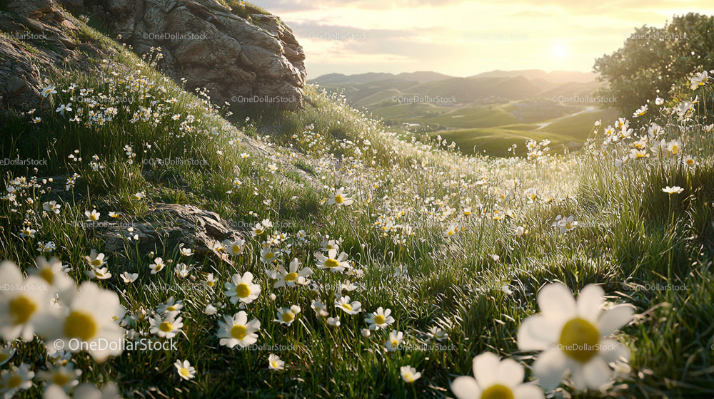 Sunset Over a Meadow of Blooming Daisies