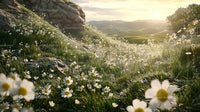Sunset Over a Meadow of Blooming Daisies