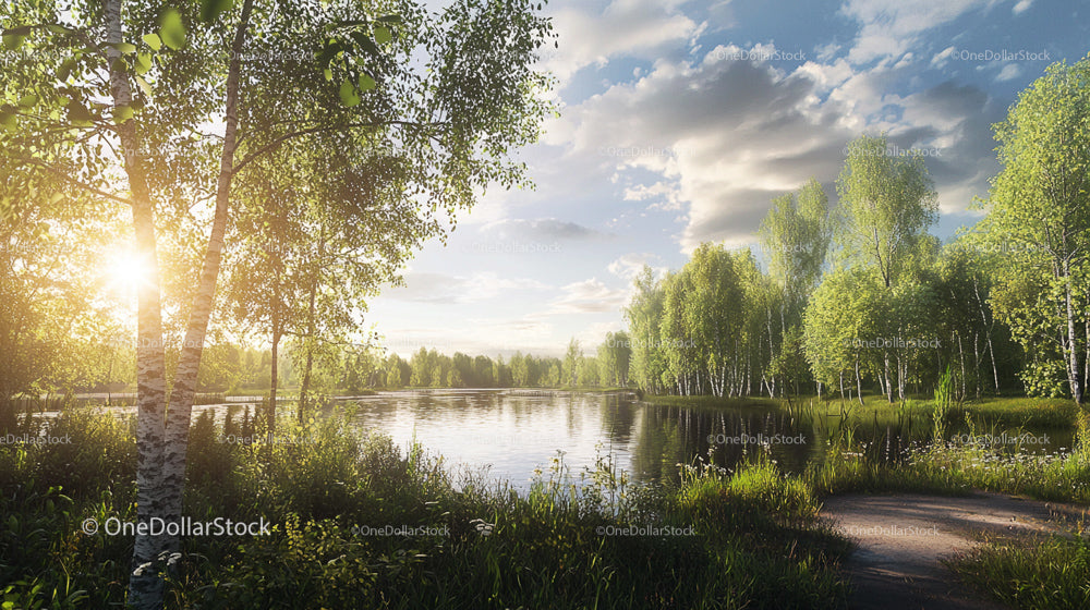 Serene Sunset Over Lake with Birch Trees and Lush Forest