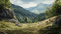Scenic Mountain Valley with Lush Greenery and Rocky Terrain
