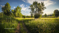 Tranquil Summer Meadow with Dirt Path and Blue Sky