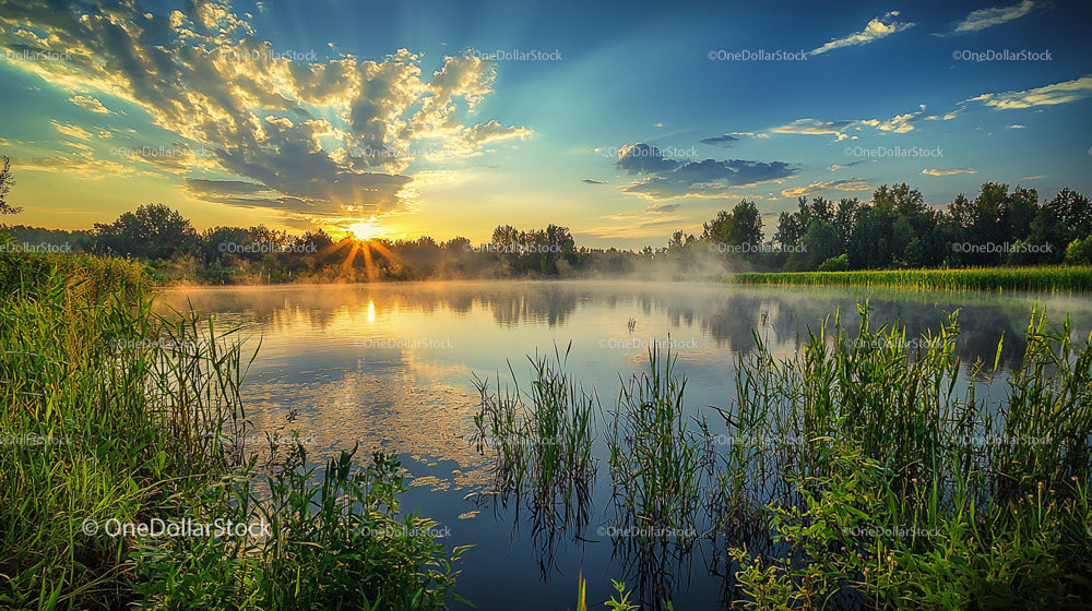 Serene Sunrise Over Misty Lake with Reflections and Reeds