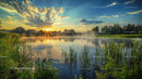 Serene Sunrise Over Misty Lake with Reflections and Reeds