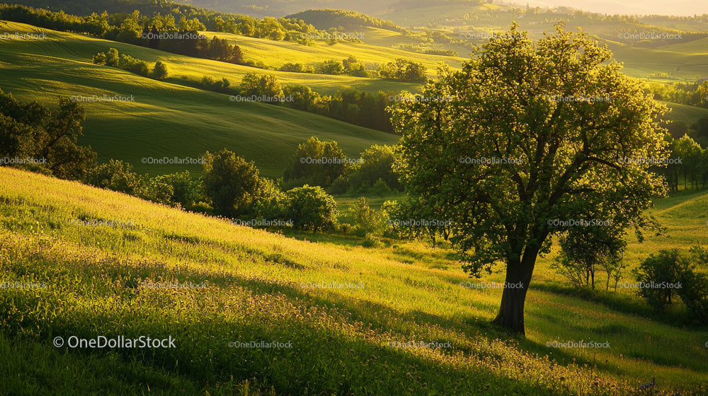 Serene Green Hills with Tree at Sunset