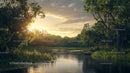 Tranquil River at Sunset Surrounded by Lush Greenery