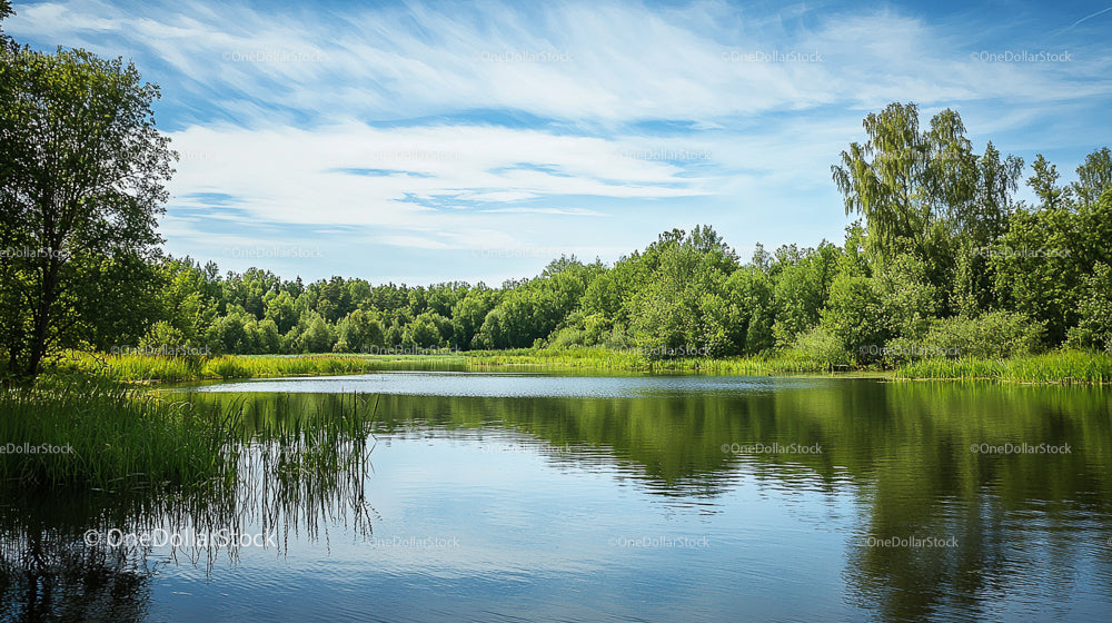 Spokojne letnie jezioro otoczone bujną zielenią